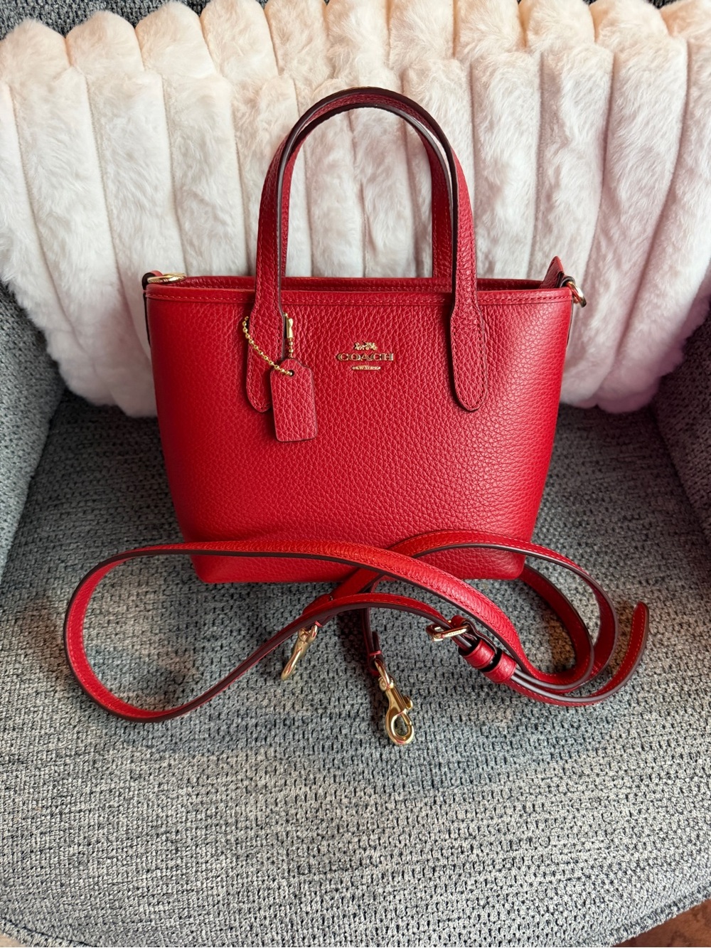 Coach City Mini Tote Pebbled Leather Small Tote - Red